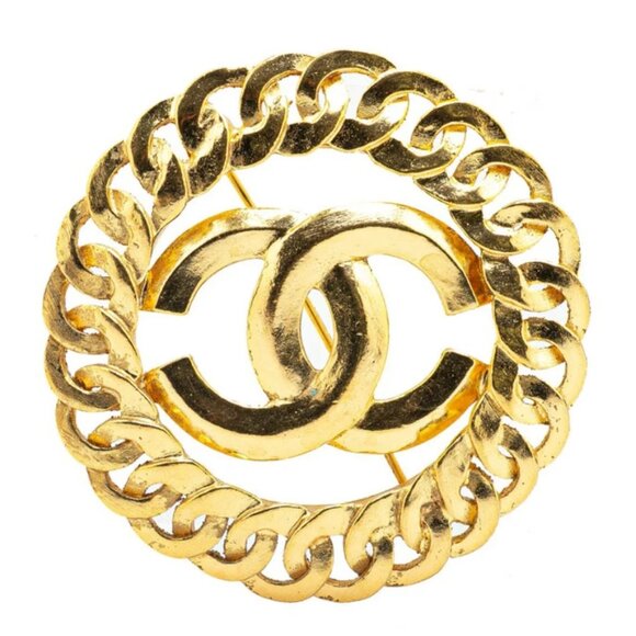 CHANEL CC Logo Chain Link Circle Round Brooch Gold Tone Pin 96P Auth w/Box #4046 - Picture 1 of 4